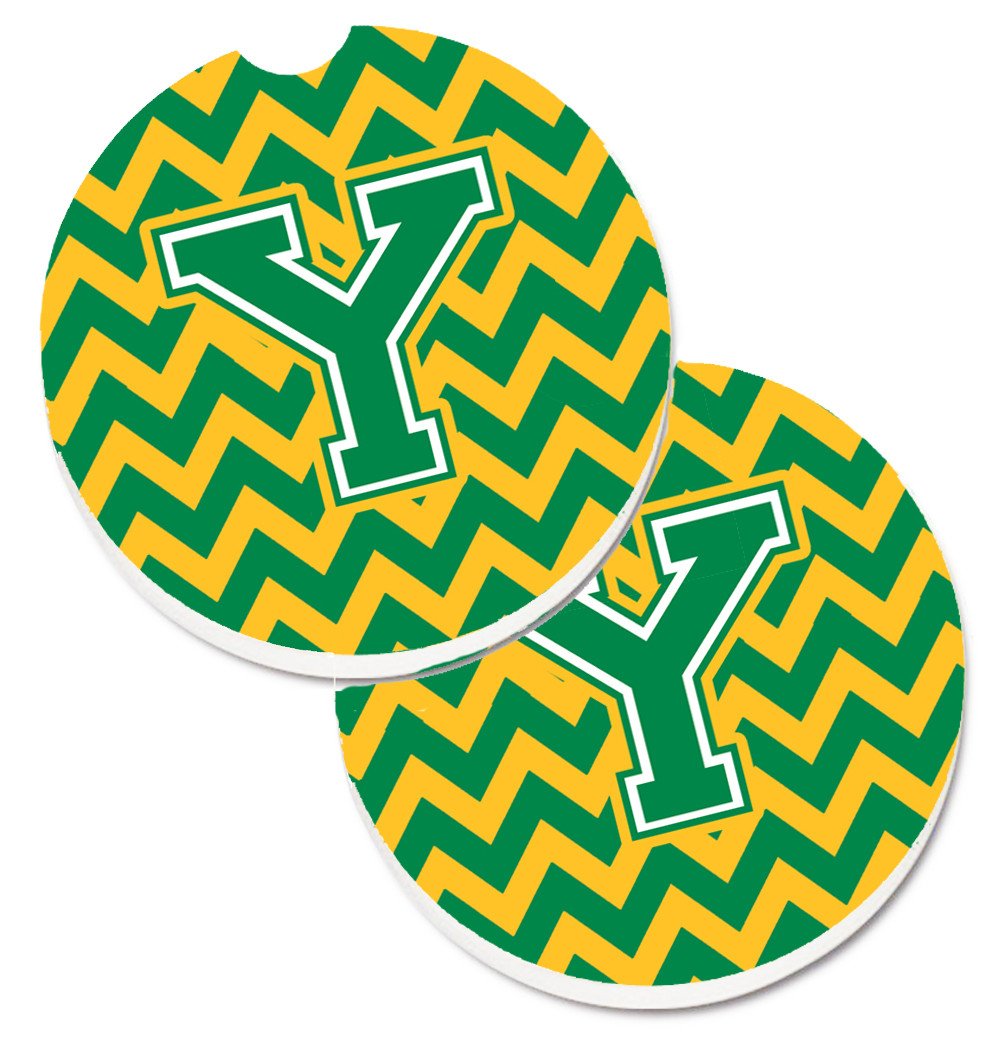 Letter Y Chevron Green and Gold Set of 2 Cup Holder Car Coasters CJ1059-YCARC by Caroline's Treasures