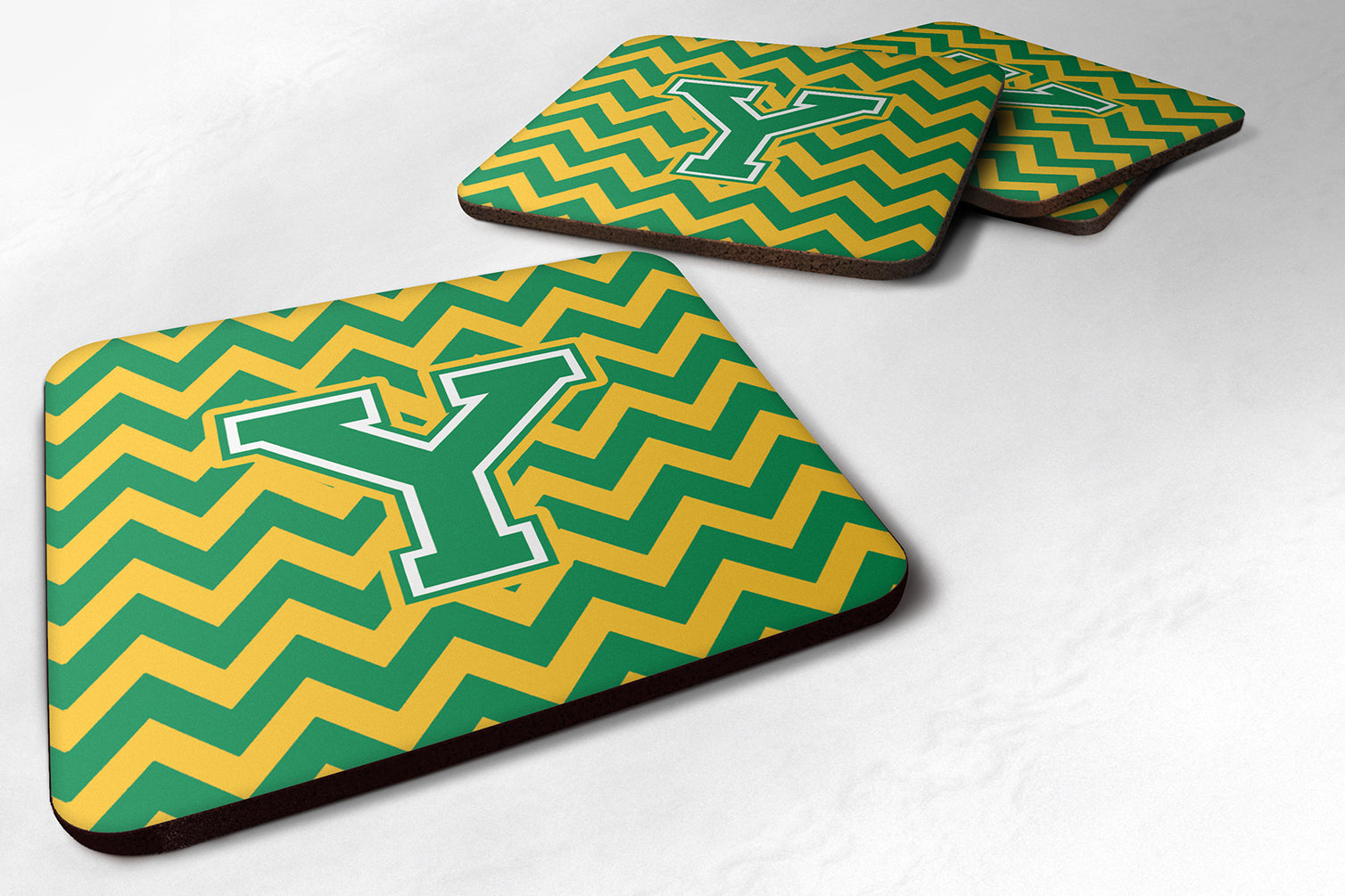 Letter Y Chevron Green and Gold Foam Coaster Set of 4 CJ1059-YFC - the-store.com