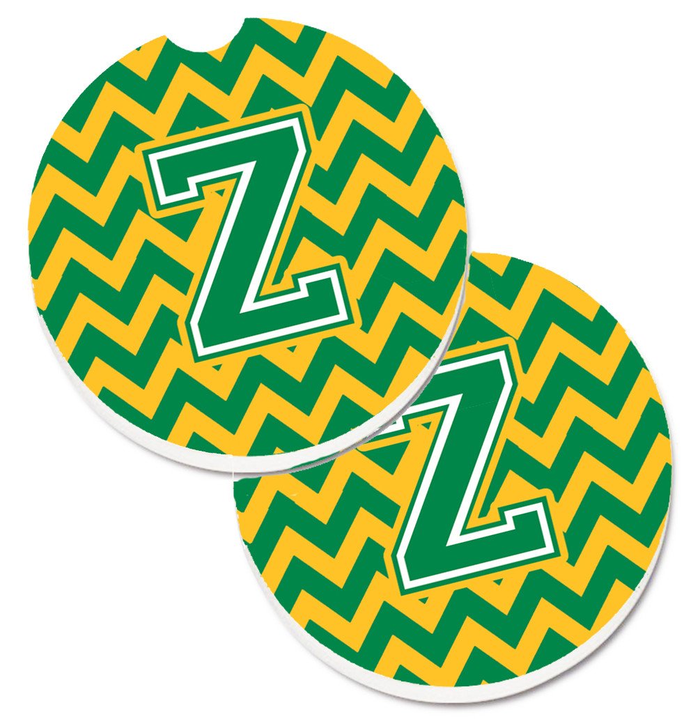 Letter Z Chevron Green and Gold Set of 2 Cup Holder Car Coasters CJ1059-ZCARC by Caroline's Treasures