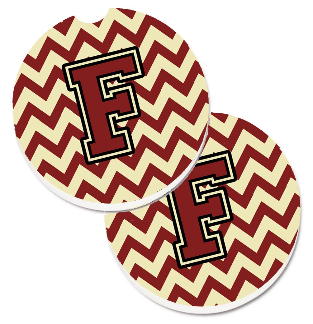 Letter F Chevron Maroon and Gold Set of 2 Cup Holder Car Coasters CJ1061-FCARC by Caroline&#39;s Treasures