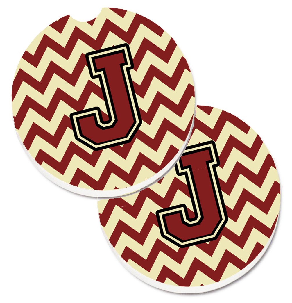 Letter J Chevron Maroon and Gold Set of 2 Cup Holder Car Coasters CJ1061-JCARC by Caroline&#39;s Treasures