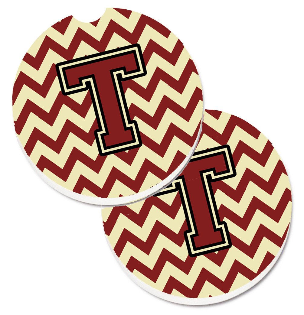 Letter T Chevron Maroon and Gold Set of 2 Cup Holder Car Coasters CJ1061-TCARC by Caroline's Treasures