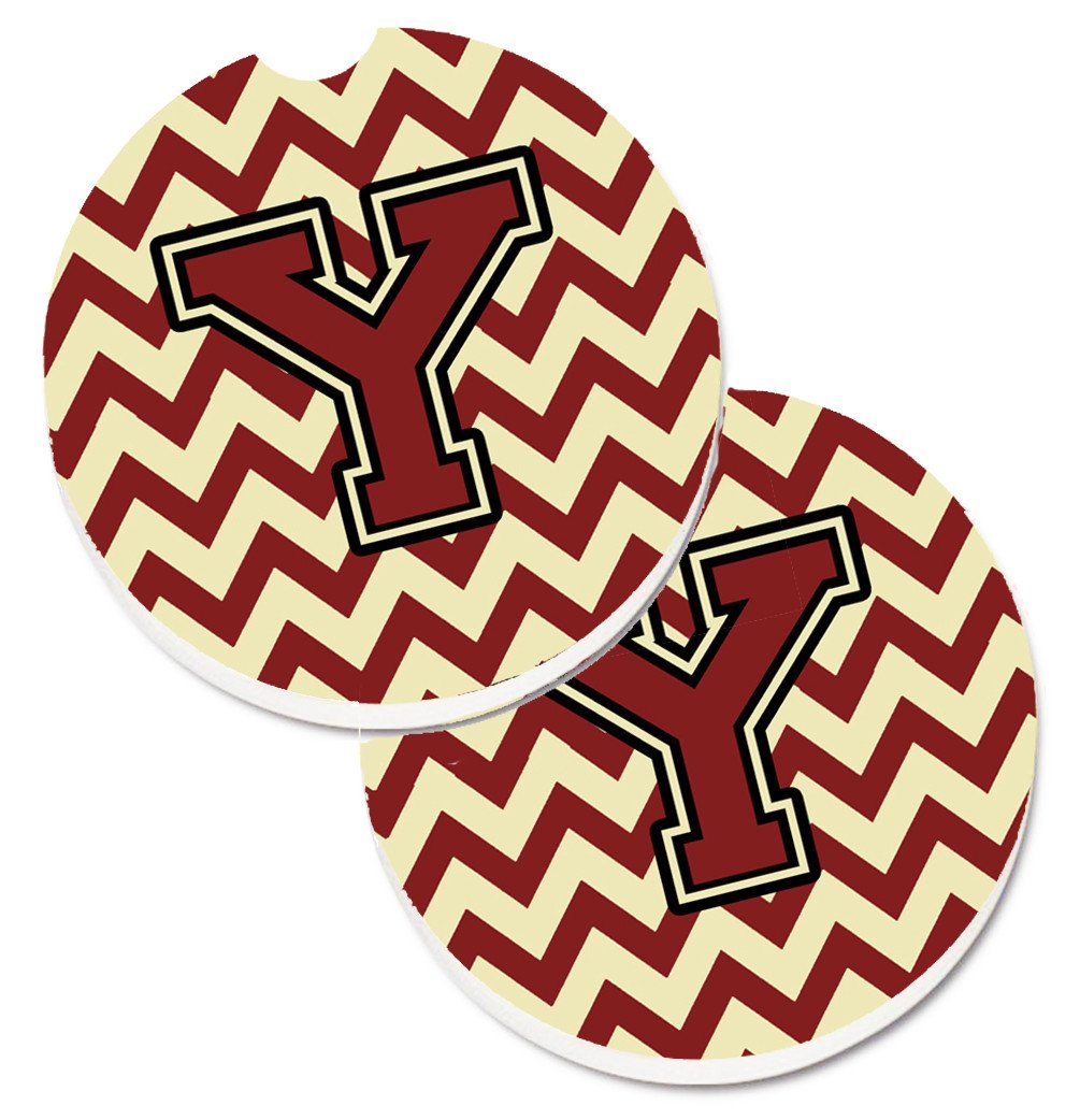 Letter Y Chevron Maroon and Gold Set of 2 Cup Holder Car Coasters CJ1061-YCARC by Caroline's Treasures