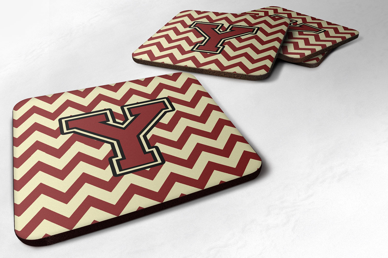 Letter Y Chevron Maroon and Gold Foam Coaster Set of 4 CJ1061-YFC - the-store.com