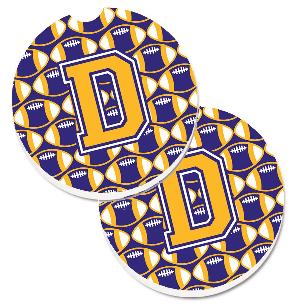Letter D Football Purple and Gold Set of 2 Cup Holder Car Coasters CJ1064-DCARC by Caroline's Treasures