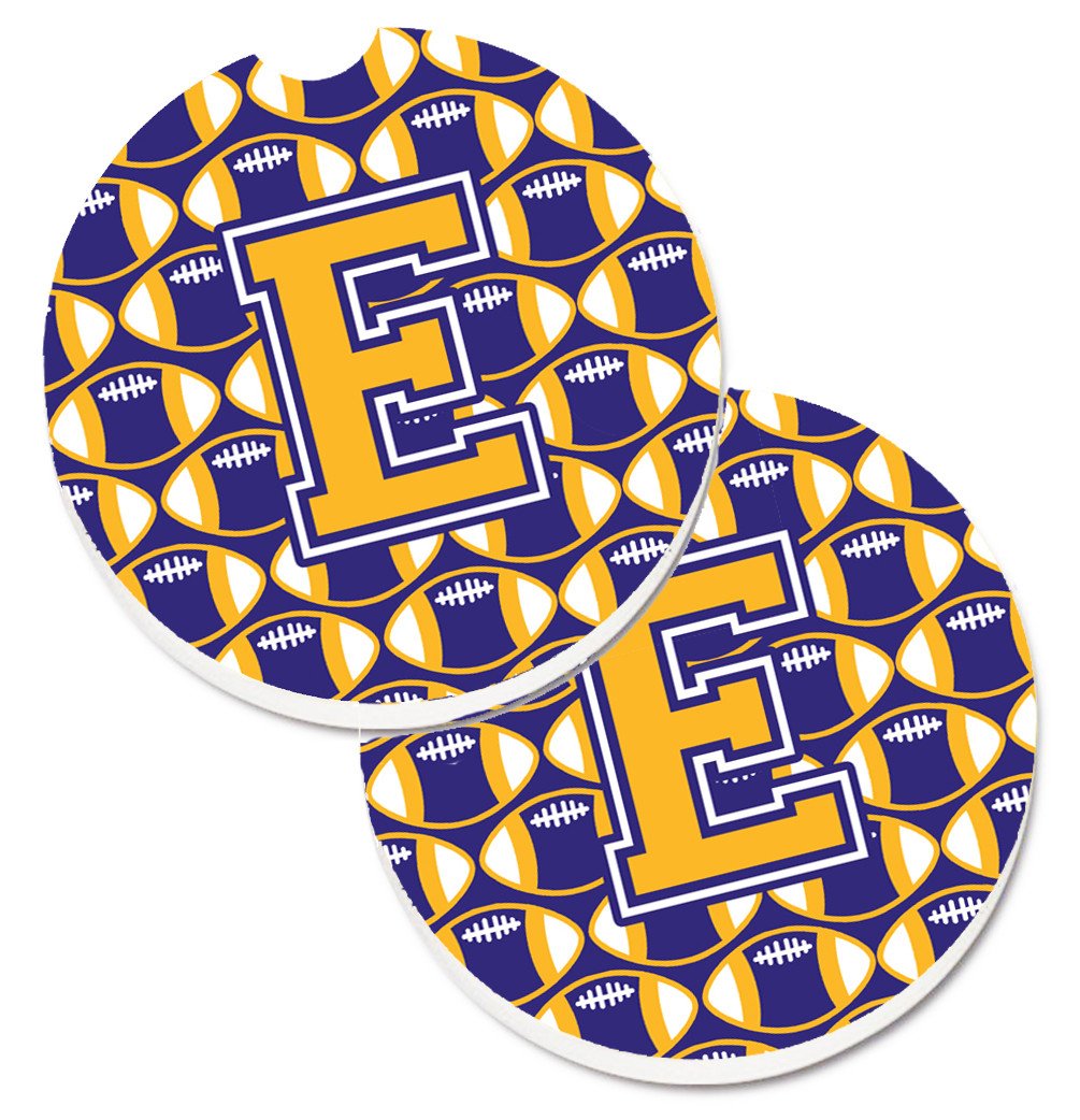 Letter E Football Purple and Gold Set of 2 Cup Holder Car Coasters CJ1064-ECARC by Caroline's Treasures