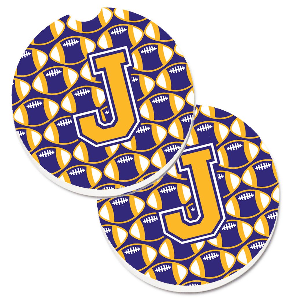 Letter J Football Purple and Gold Set of 2 Cup Holder Car Coasters CJ1064-JCARC by Caroline's Treasures