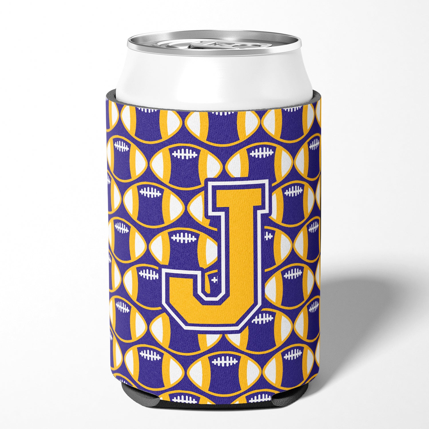 Letter J Football Purple and Gold Can or Bottle Hugger CJ1064-JCC.