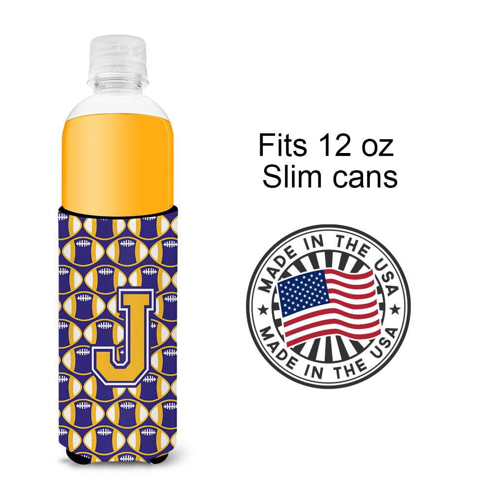 Letter J Football Purple and Gold Ultra Beverage Insulators for slim cans CJ1064-JMUK.