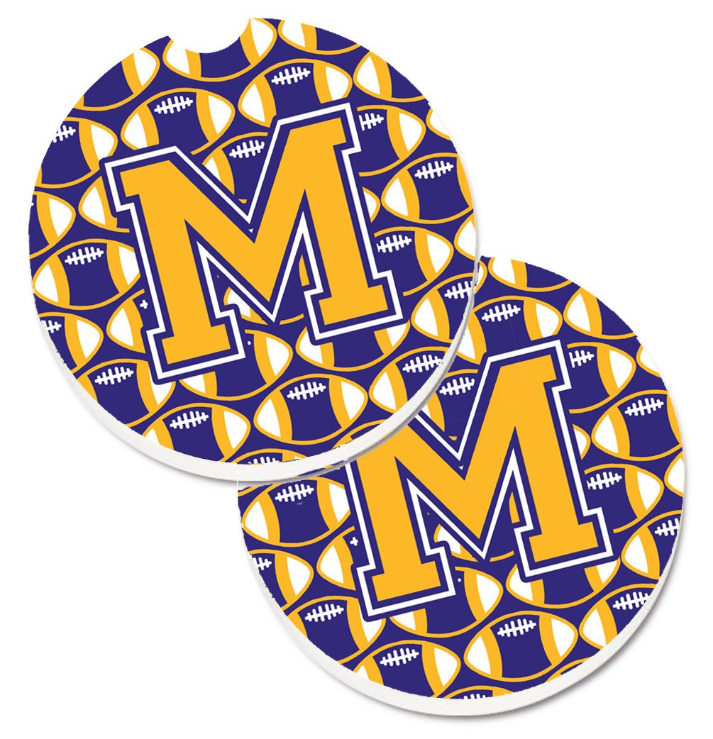Letter M Football Purple and Gold Set of 2 Cup Holder Car Coasters CJ1064-MCARC by Caroline's Treasures