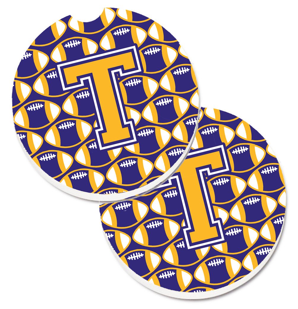 Letter T Football Purple and Gold Set of 2 Cup Holder Car Coasters CJ1064-TCARC by Caroline's Treasures