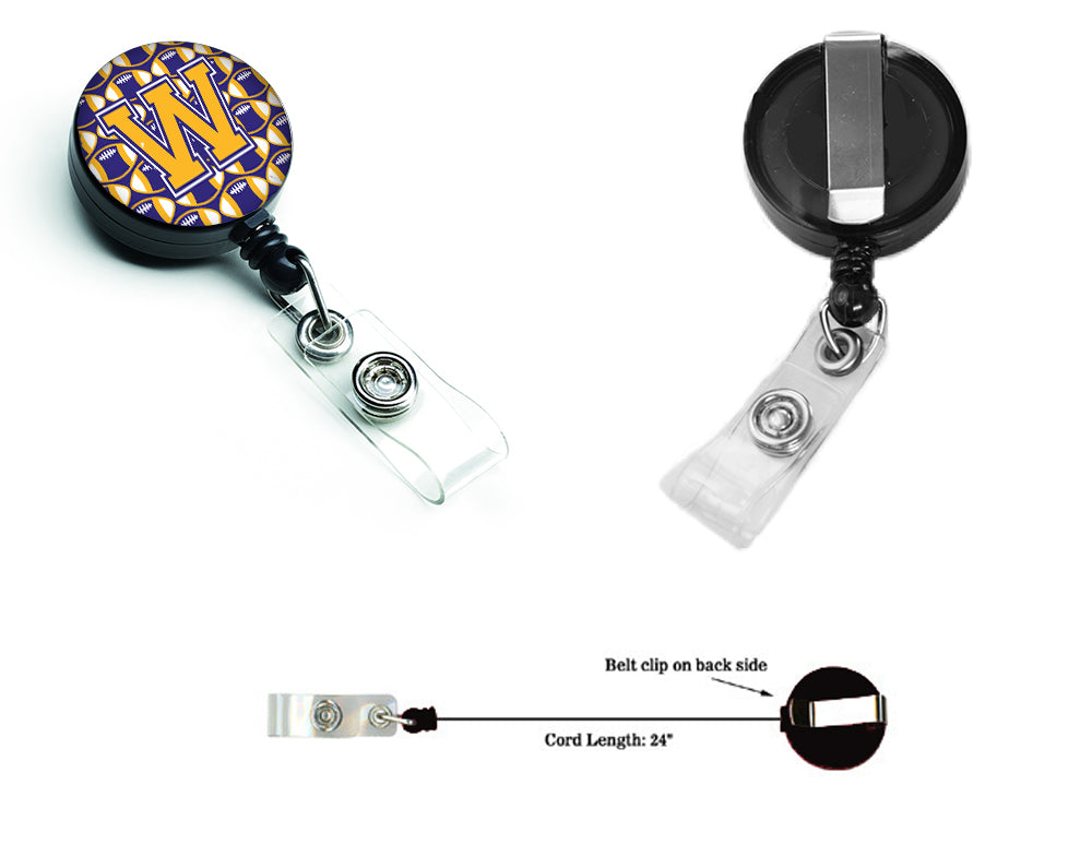 Letter W Football Purple and Gold Retractable Badge Reel CJ1064-WBR.