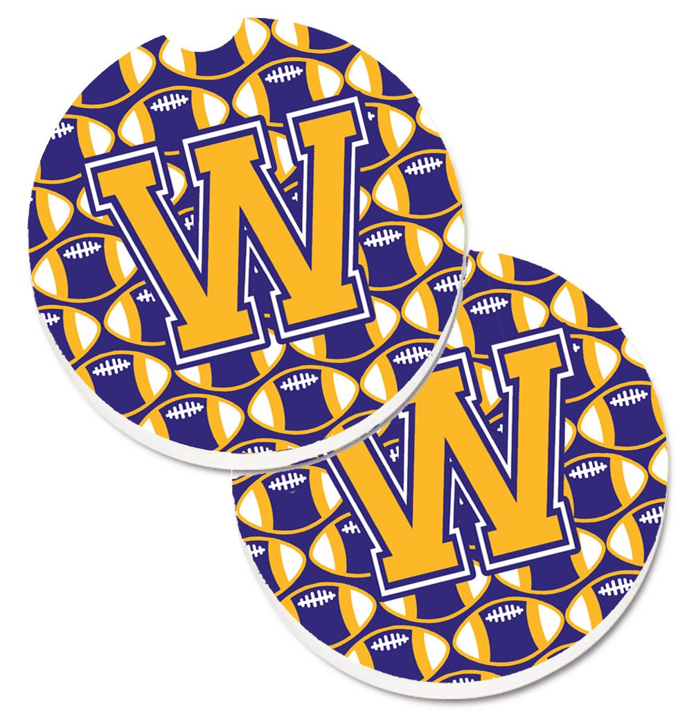 Letter W Football Purple and Gold Set of 2 Cup Holder Car Coasters CJ1064-WCARC by Caroline's Treasures