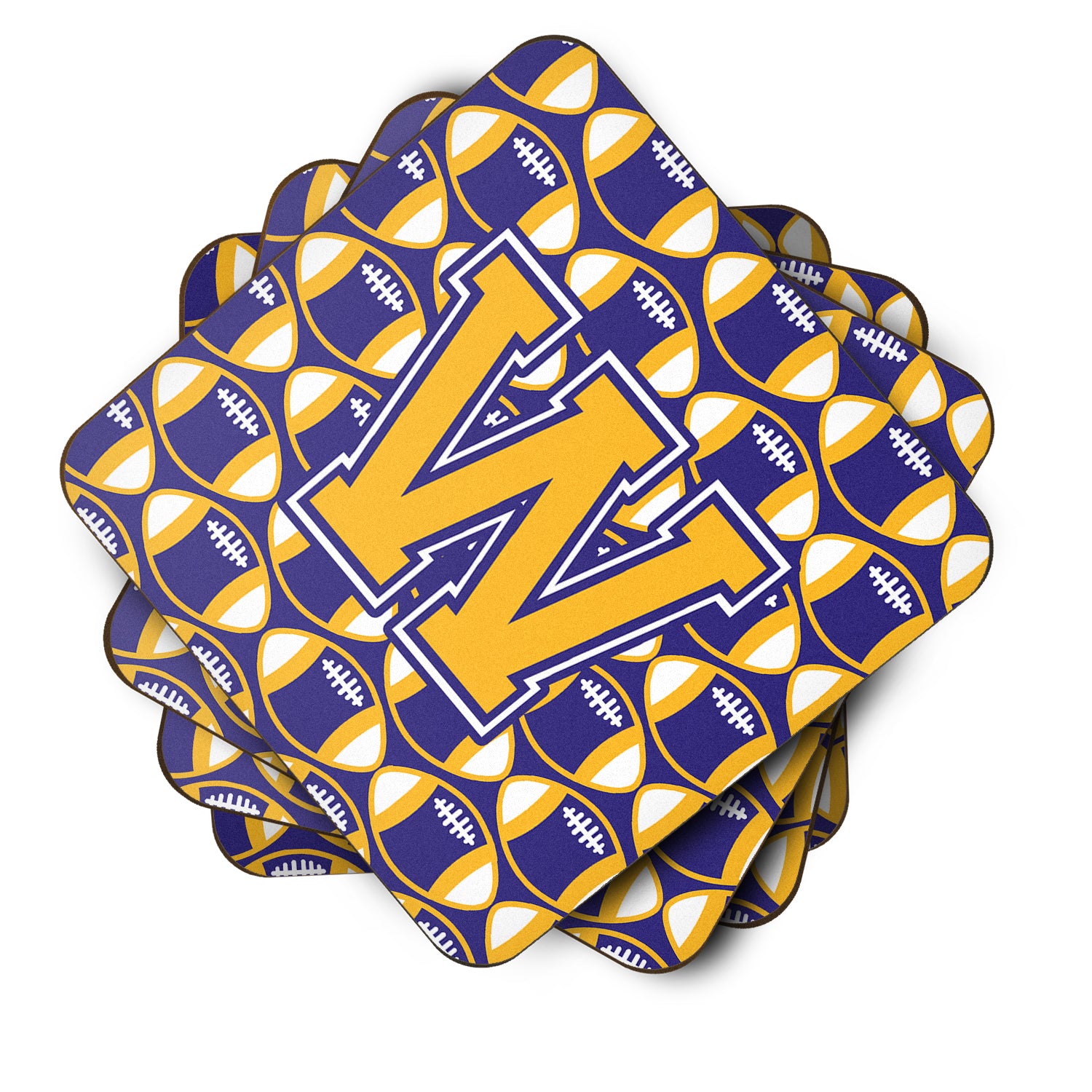 Letter W Football Purple and Gold Foam Coaster Set of 4 CJ1064-WFC - the-store.com