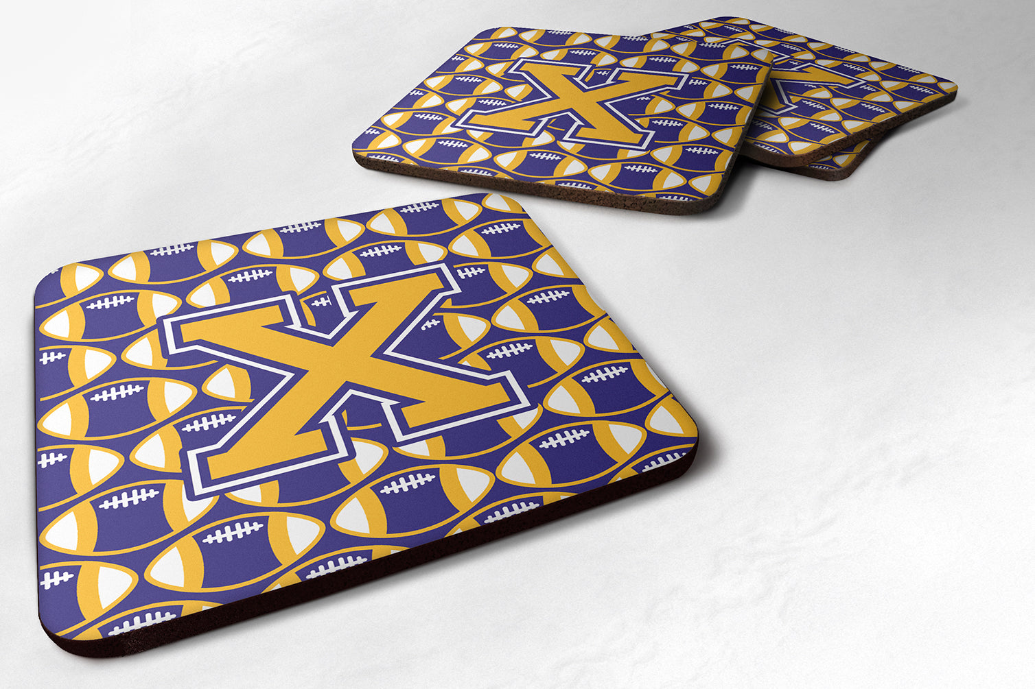 Letter X Football Purple and Gold Foam Coaster Set of 4 CJ1064-XFC - the-store.com