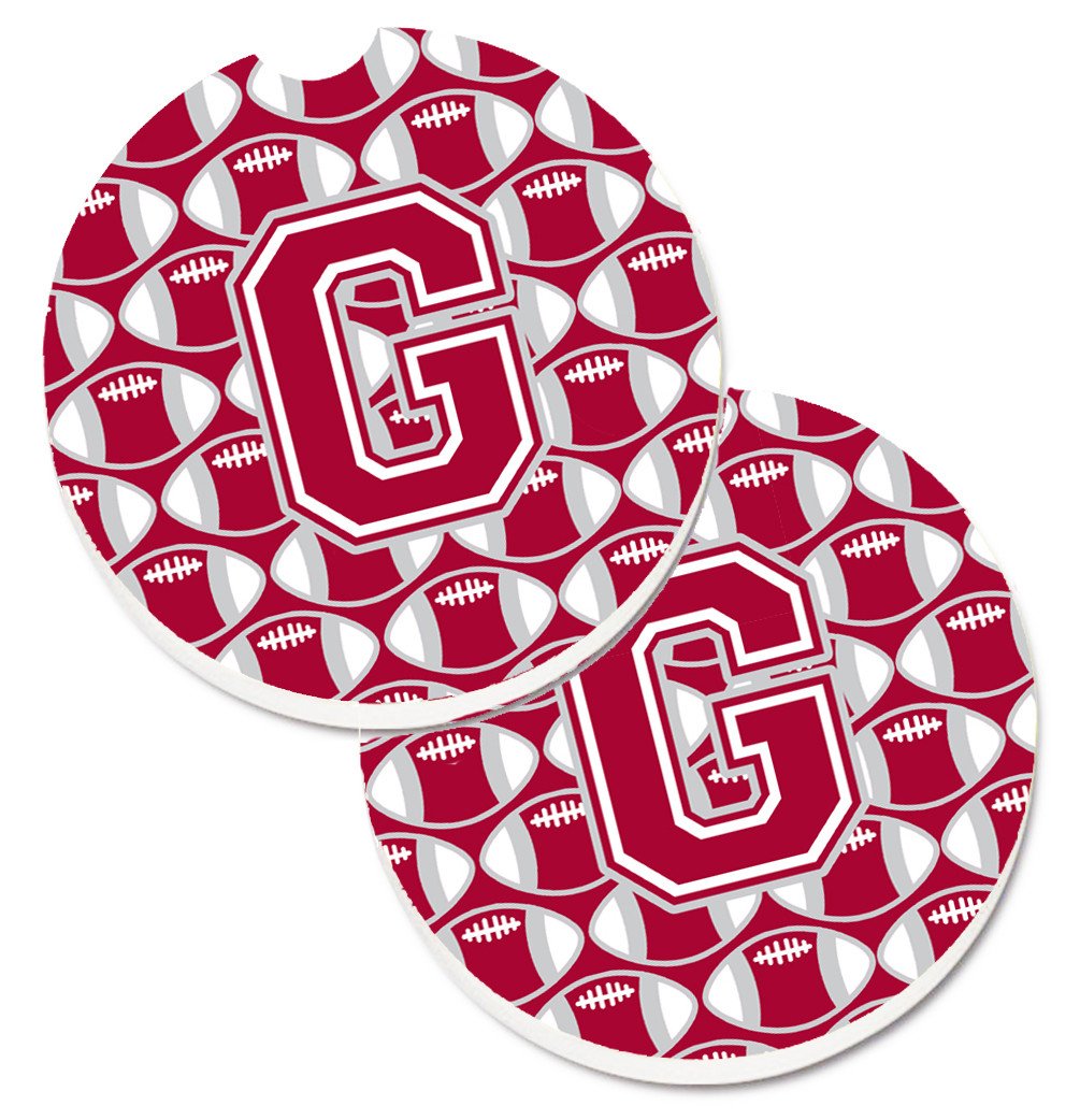 Letter G Football Crimson, grey and white Set of 2 Cup Holder Car Coasters CJ1065-GCARC by Caroline's Treasures