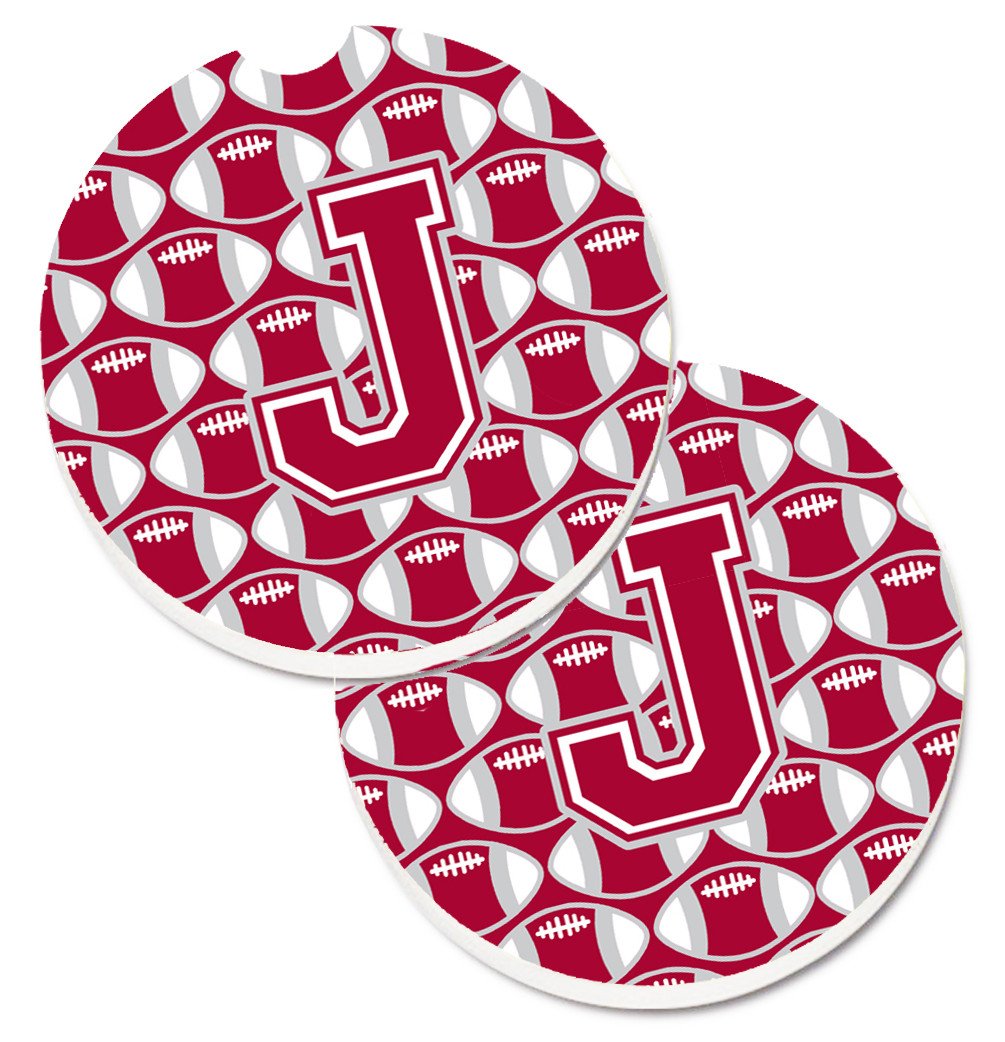 Letter J Football Crimson, grey and white Set of 2 Cup Holder Car Coasters CJ1065-JCARC by Caroline's Treasures