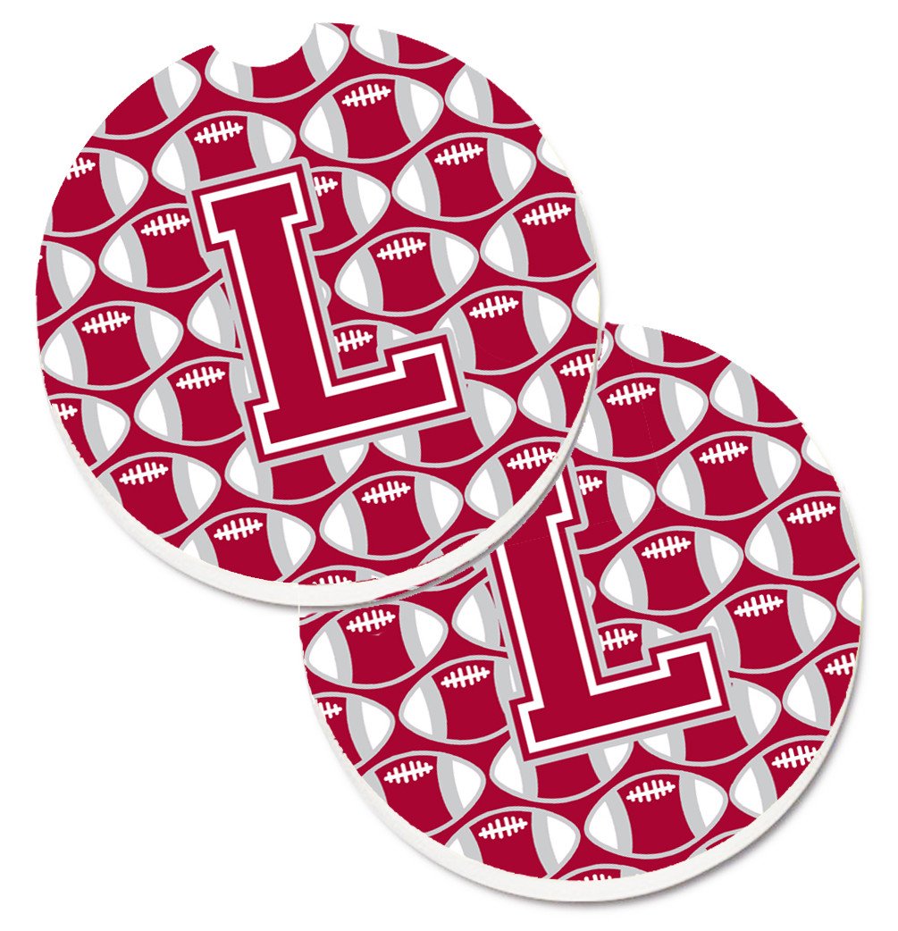Letter L Football Crimson, grey and white Set of 2 Cup Holder Car Coasters CJ1065-LCARC by Caroline's Treasures