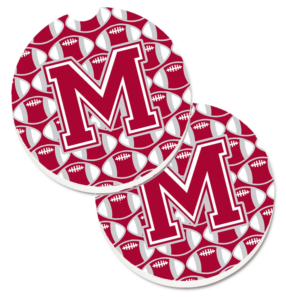 Letter M Football Crimson, grey and white Set of 2 Cup Holder Car Coasters CJ1065-MCARC by Caroline's Treasures