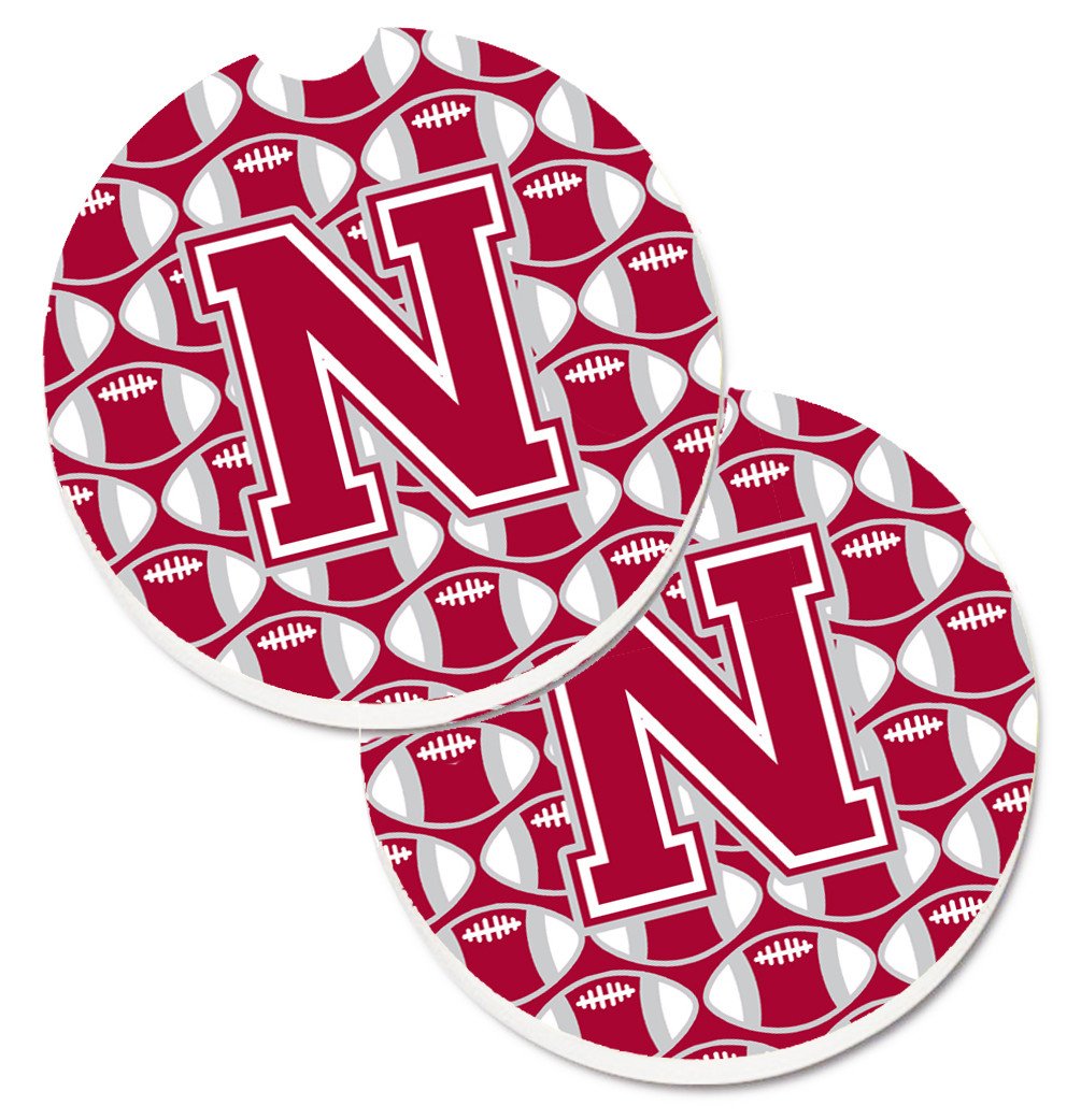 Letter N Football Crimson, grey and white Set of 2 Cup Holder Car Coasters CJ1065-NCARC by Caroline's Treasures