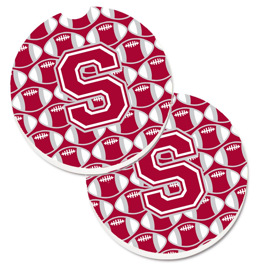 Letter S Football Crimson, grey and white Set of 2 Cup Holder Car Coasters CJ1065-SCARC by Caroline's Treasures