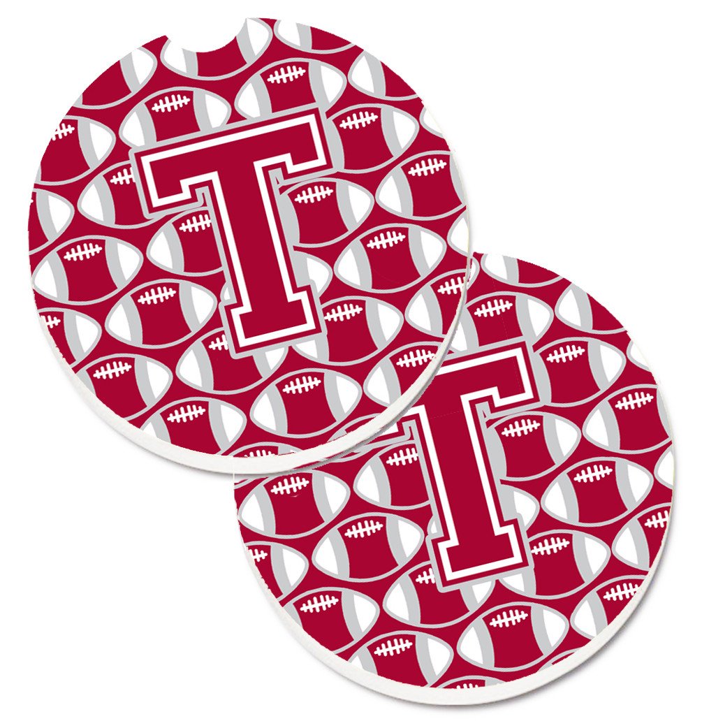 Letter T Football Crimson, grey and white Set of 2 Cup Holder Car Coasters CJ1065-TCARC by Caroline's Treasures