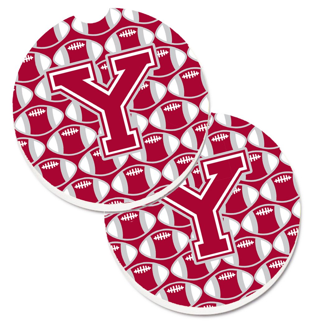 Letter Y Football Crimson, grey and white Set of 2 Cup Holder Car Coasters CJ1065-YCARC by Caroline's Treasures