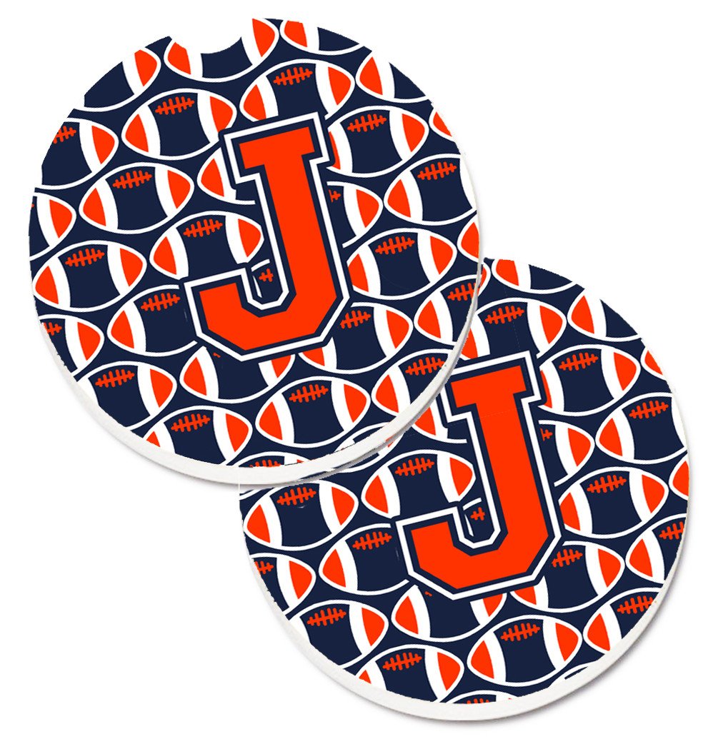 Letter J Football Orange, Blue and white Set of 2 Cup Holder Car Coasters CJ1066-JCARC by Caroline's Treasures