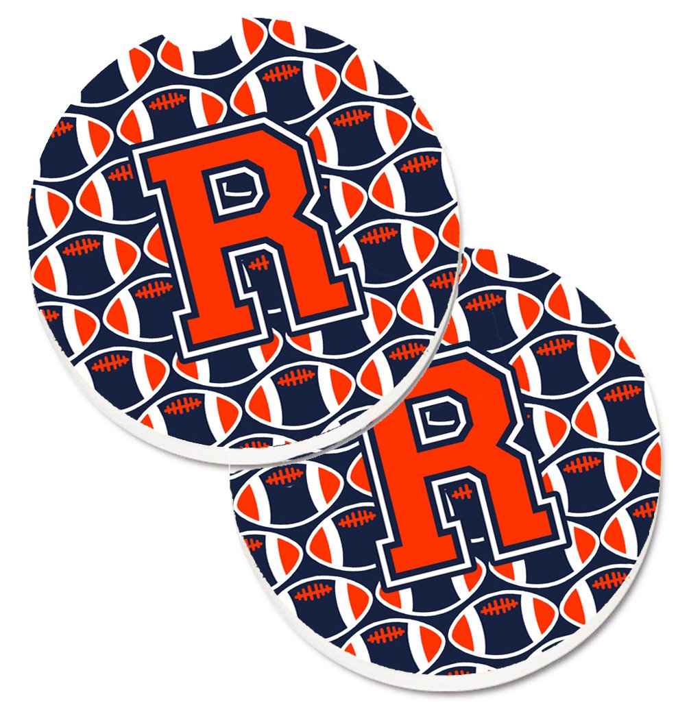 Letter R Football Orange, Blue and white Set of 2 Cup Holder Car Coasters CJ1066-RCARC by Caroline&#39;s Treasures