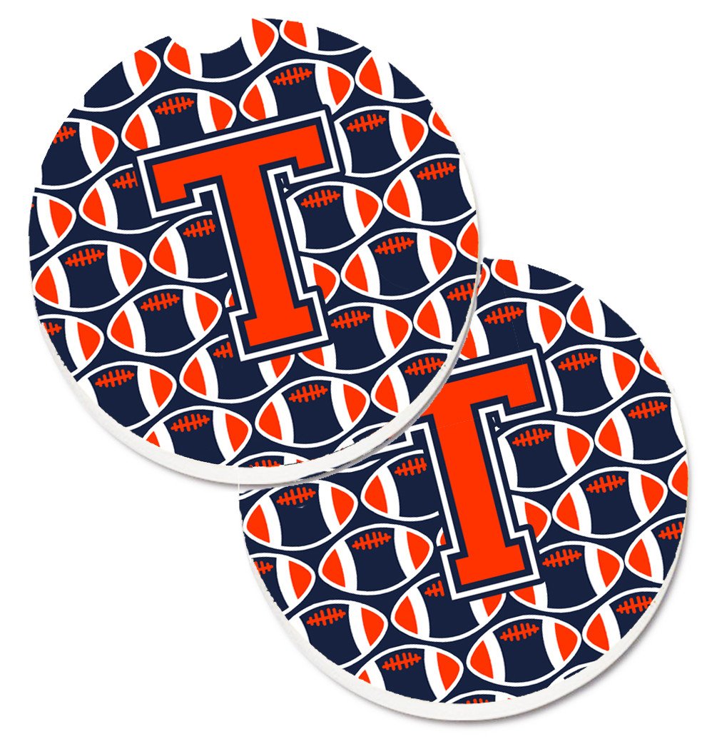 Letter T Football Orange, Blue and white Set of 2 Cup Holder Car Coasters CJ1066-TCARC by Caroline's Treasures