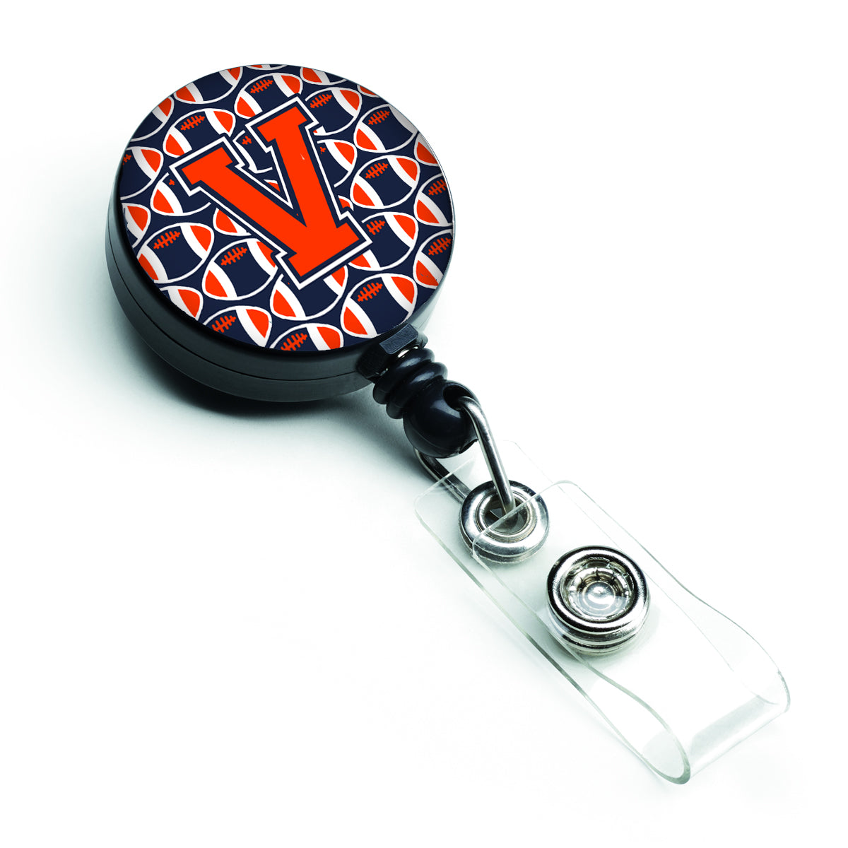 Letter V Football Orange, Blue and white Retractable Badge Reel CJ1066-VBR