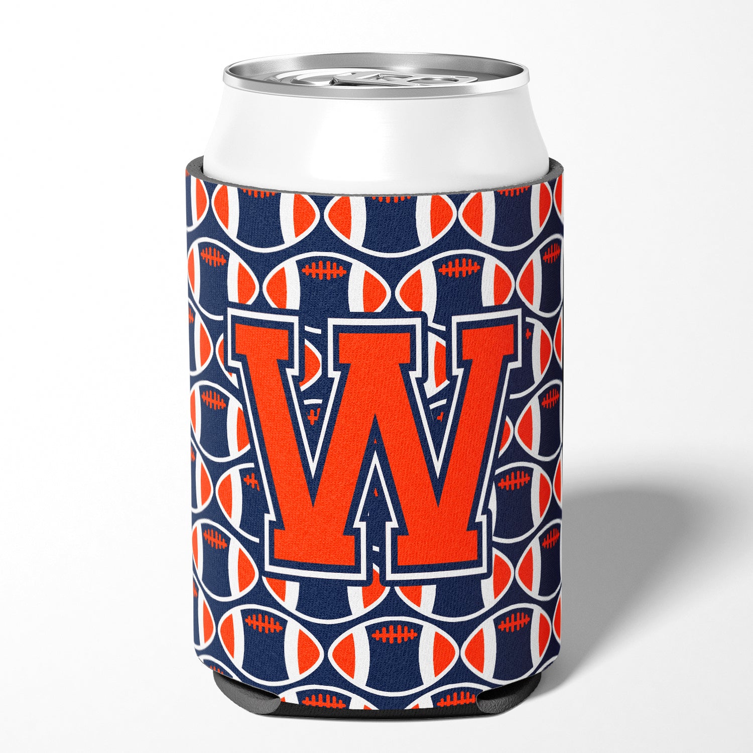 Letter W Football Orange, Blue and white Can or Bottle Hugger CJ1066-WCC.