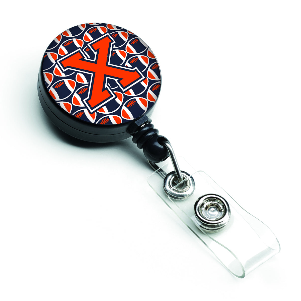 Letter X Football Orange, Blue and white Retractable Badge Reel CJ1066-XBR.
