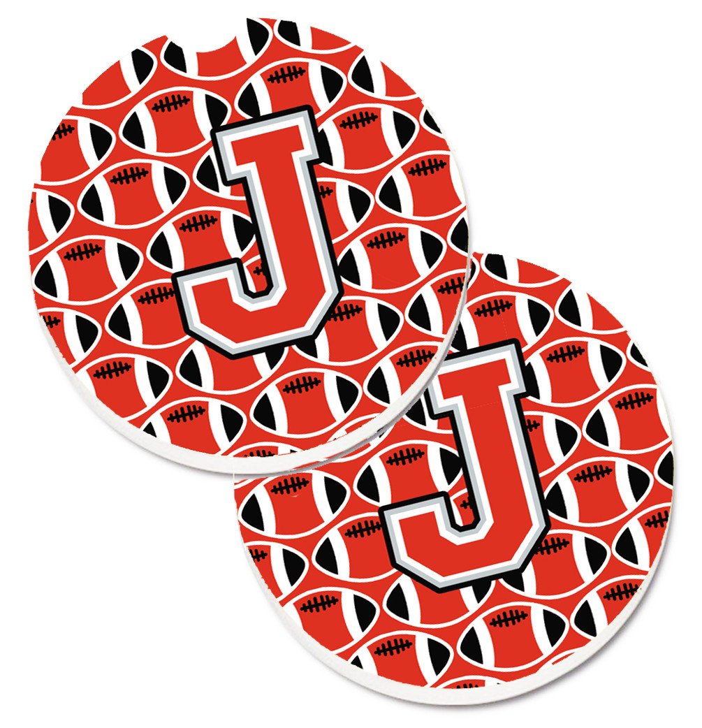 Letter J Football Scarlet and Grey Set of 2 Cup Holder Car Coasters CJ1067-JCARC by Caroline's Treasures