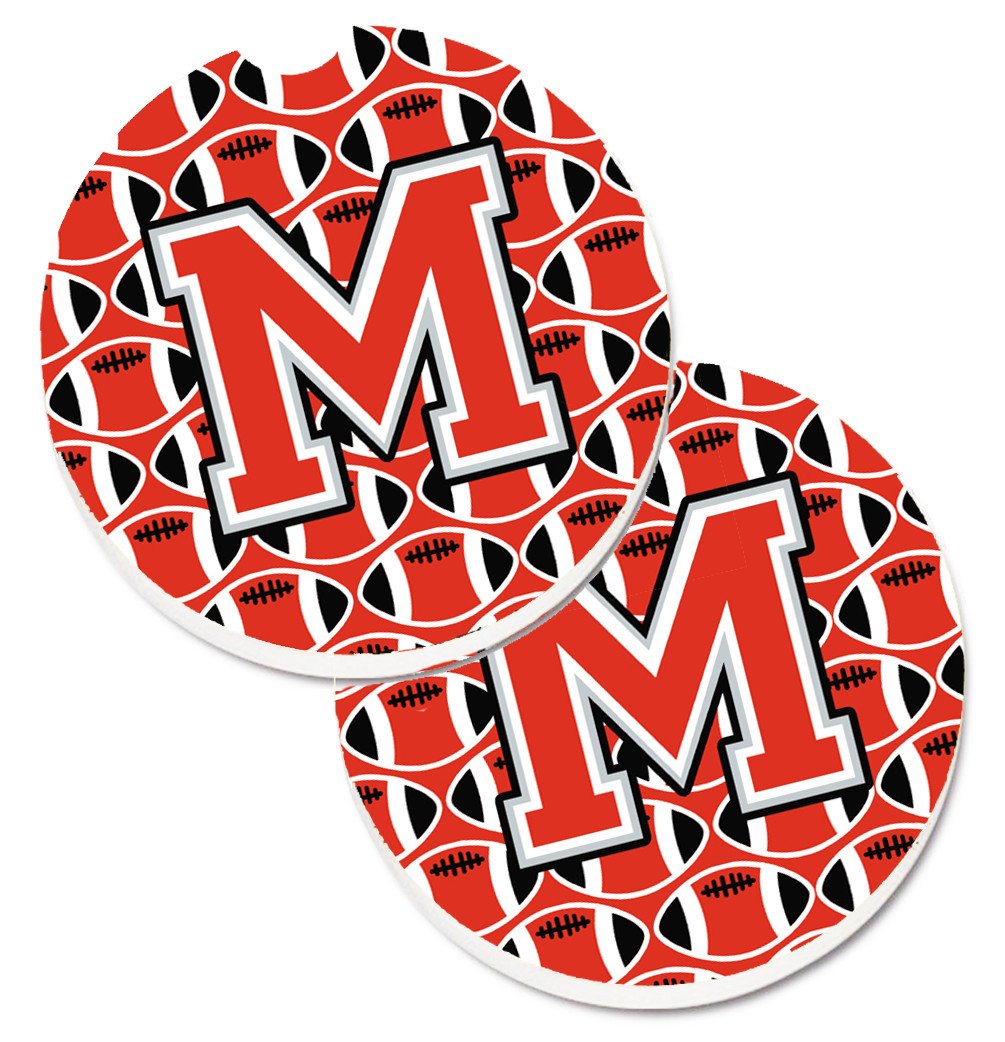 Letter M Football Scarlet and Grey Set of 2 Cup Holder Car Coasters CJ1067-MCARC by Caroline's Treasures