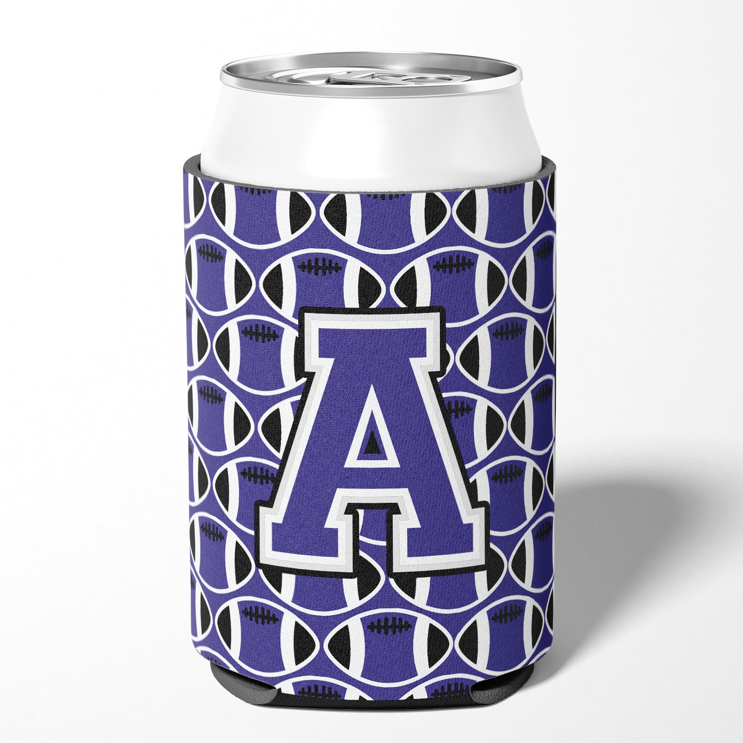 Letter A Football Purple and White Can or Bottle Hugger CJ1068-ACC.