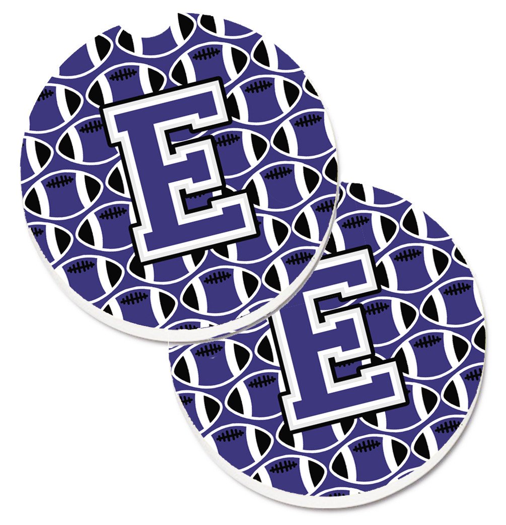 Letter E Football Purple and White Set of 2 Cup Holder Car Coasters CJ1068-ECARC by Caroline's Treasures