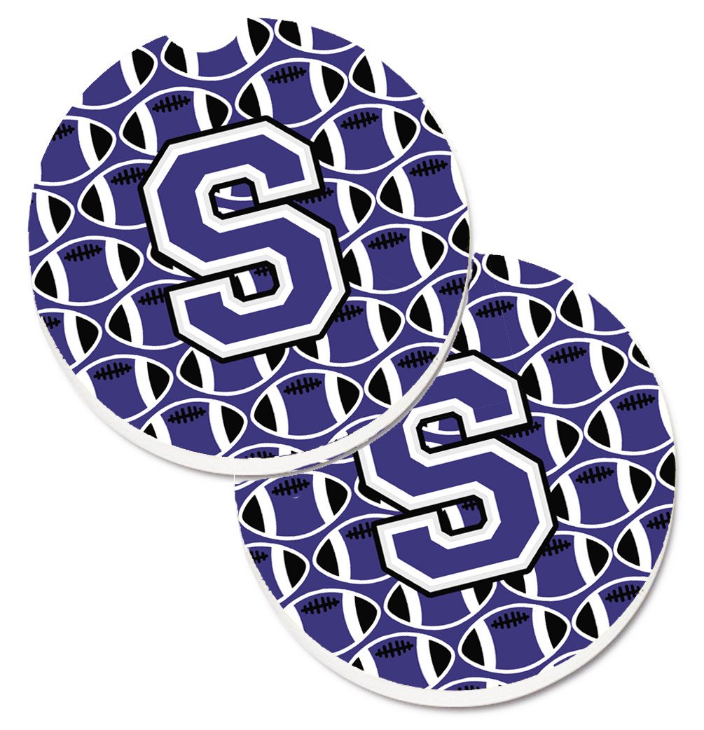 Letter S Football Purple and White Set of 2 Cup Holder Car Coasters CJ1068-SCARC by Caroline's Treasures
