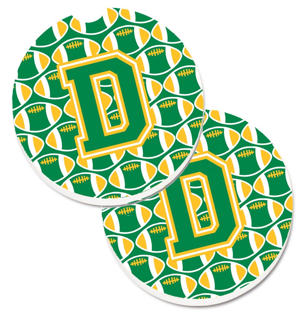 Letter D Football Green and Gold Set of 2 Cup Holder Car Coasters CJ1069-DCARC by Caroline's Treasures