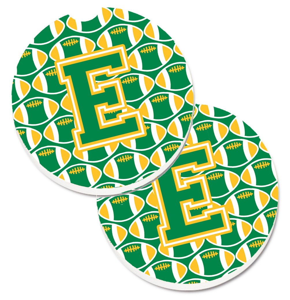 Letter E Football Green and Gold Set of 2 Cup Holder Car Coasters CJ1069-ECARC by Caroline's Treasures