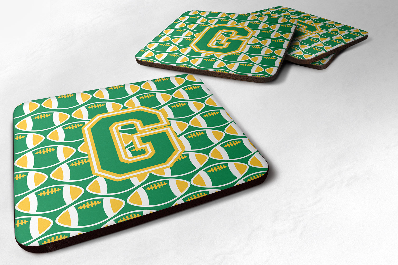 Letter G Football Green and Gold Foam Coaster Set of 4 CJ1069-GFC - the-store.com