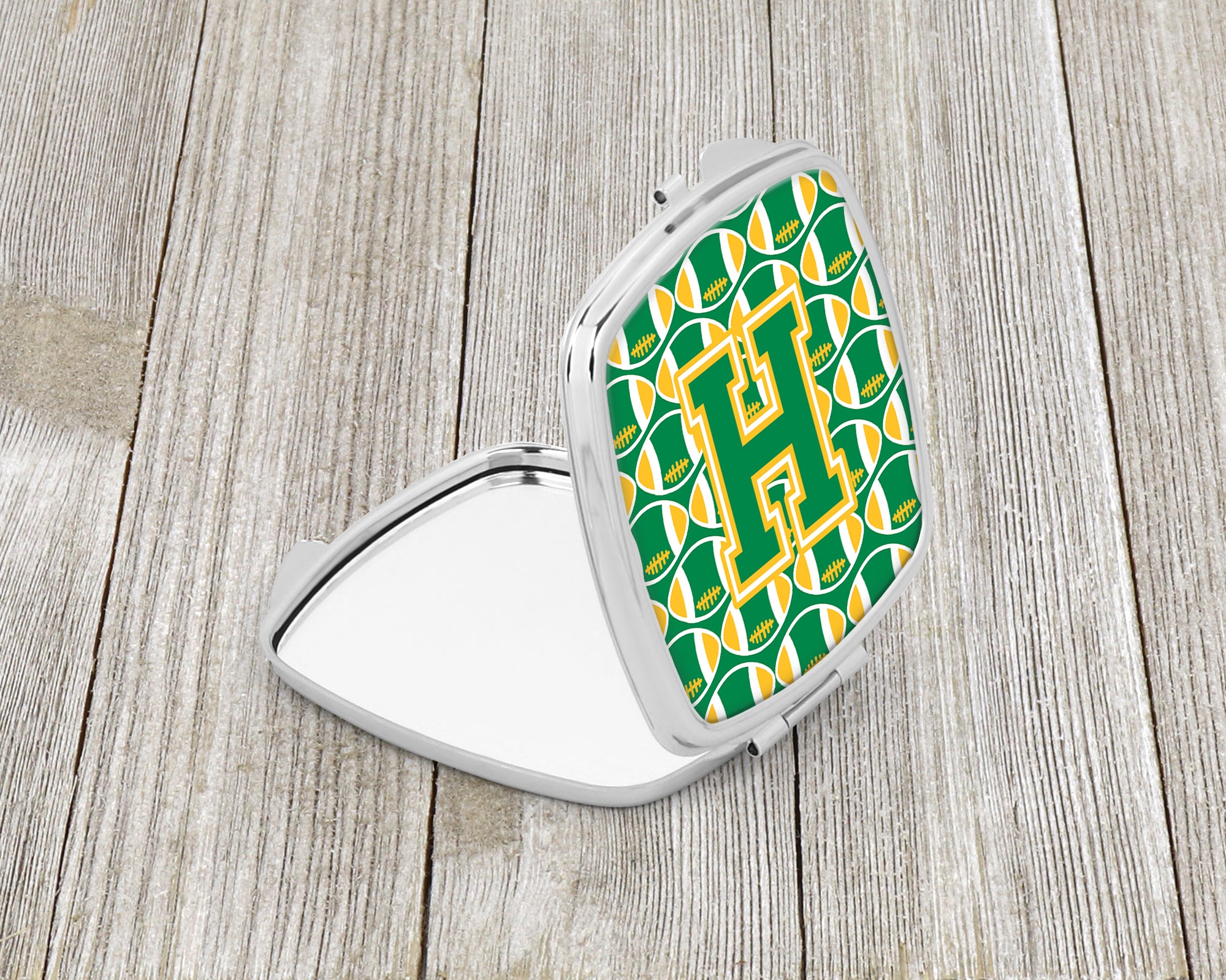 Letter H Football Green and Gold Compact Mirror CJ1069-HSCM