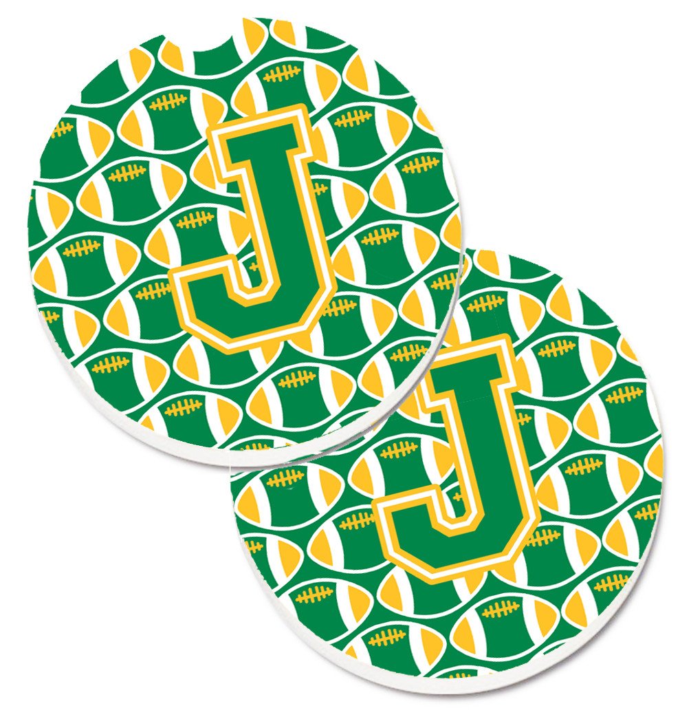 Letter J Football Green and Gold Set of 2 Cup Holder Car Coasters CJ1069-JCARC by Caroline's Treasures