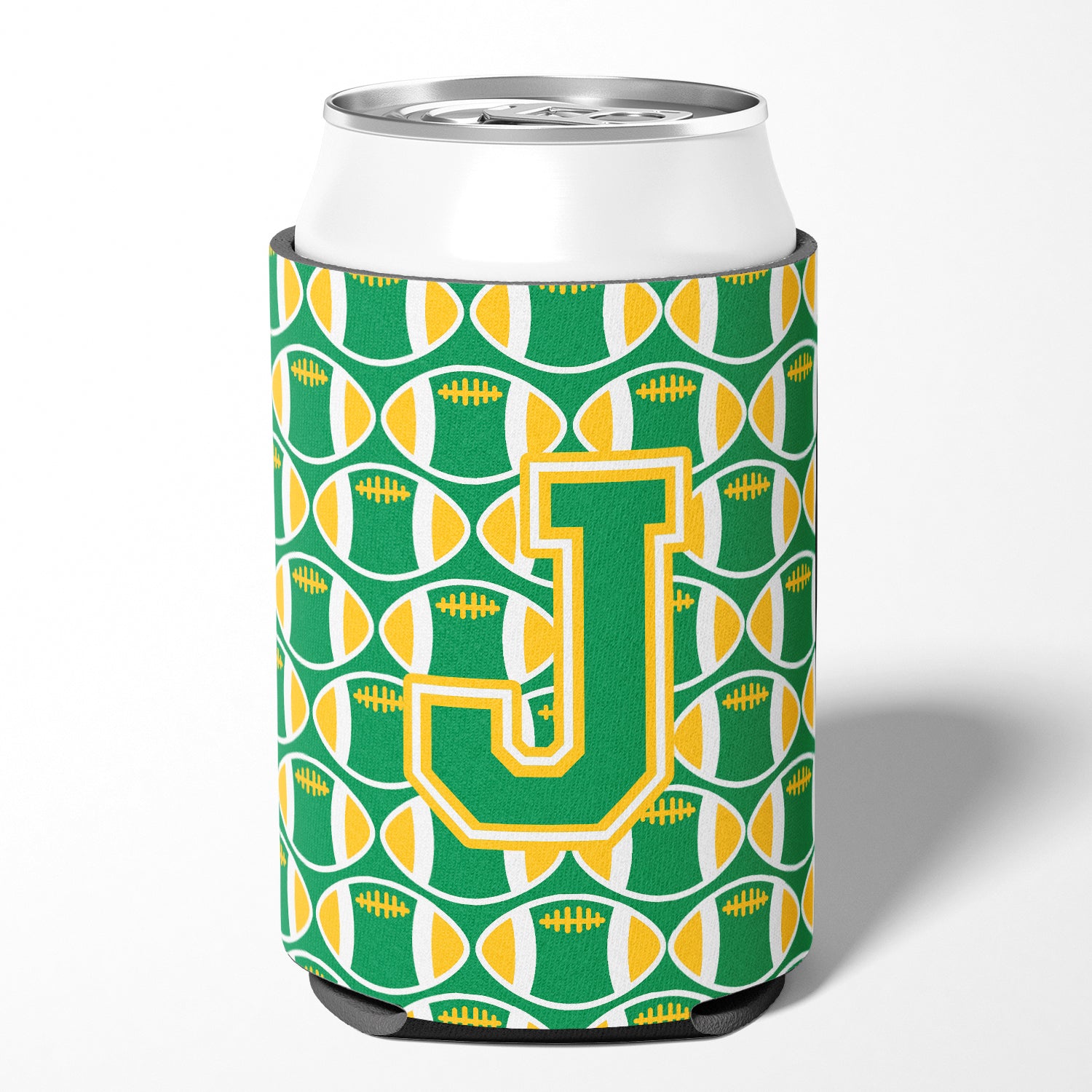 Letter J Football Green and Gold Can or Bottle Hugger CJ1069-JCC.