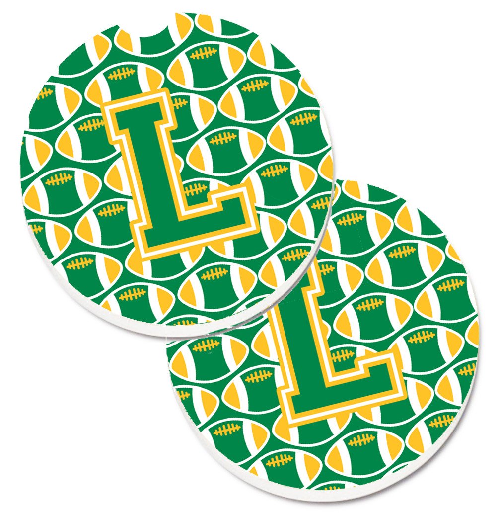 Letter L Football Green and Gold Set of 2 Cup Holder Car Coasters CJ1069-LCARC by Caroline's Treasures