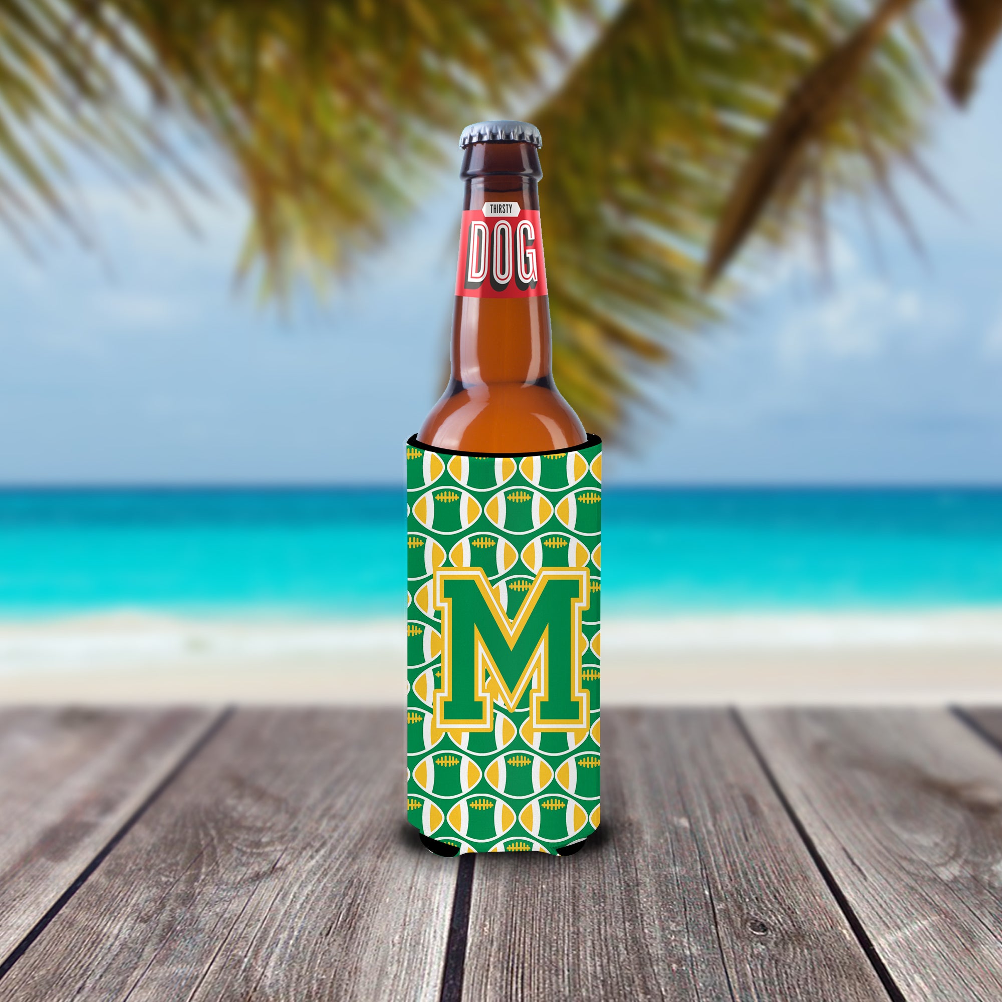 Letter M Football Green and Gold Ultra Beverage Insulators for slim cans CJ1069-MMUK.
