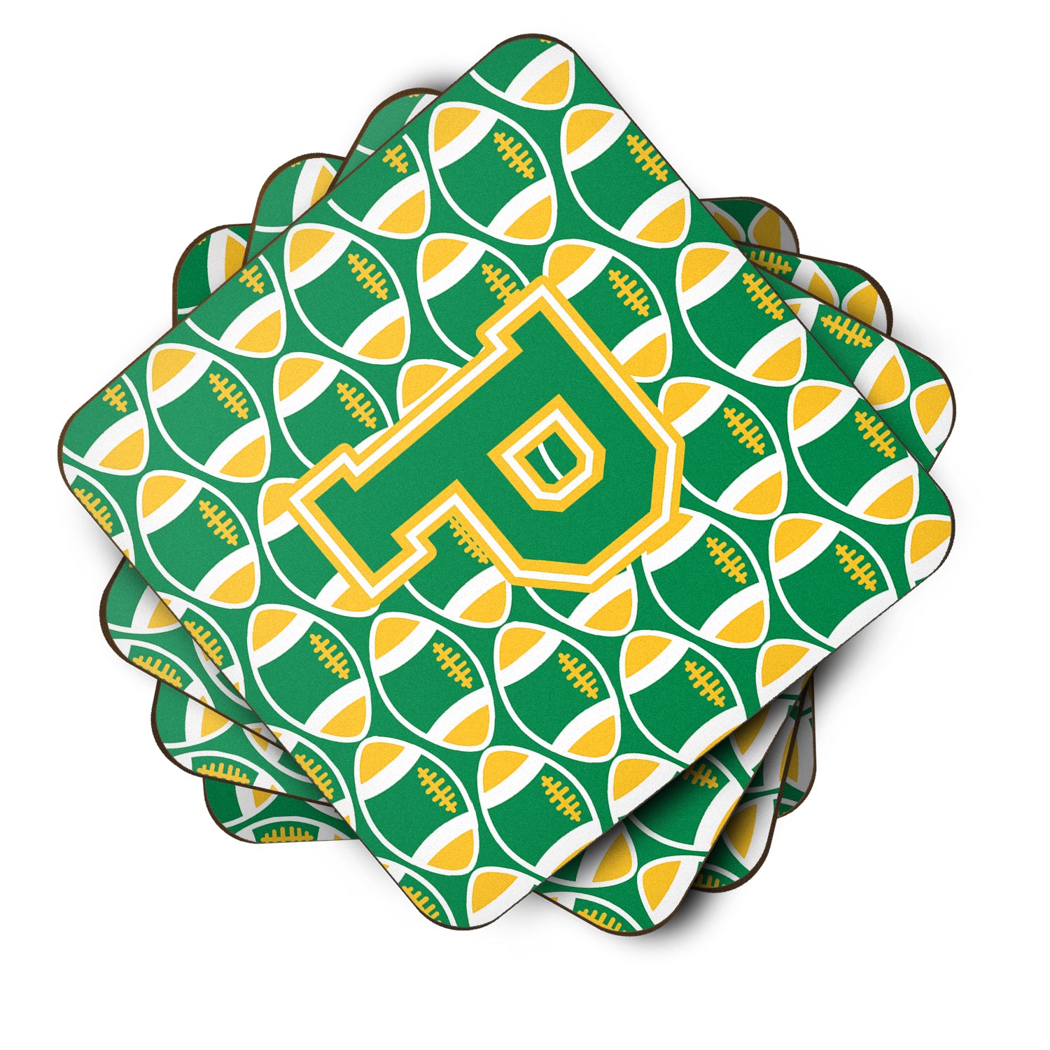 Letter P Football Green and Gold Foam Coaster Set of 4 CJ1069-PFC - the-store.com