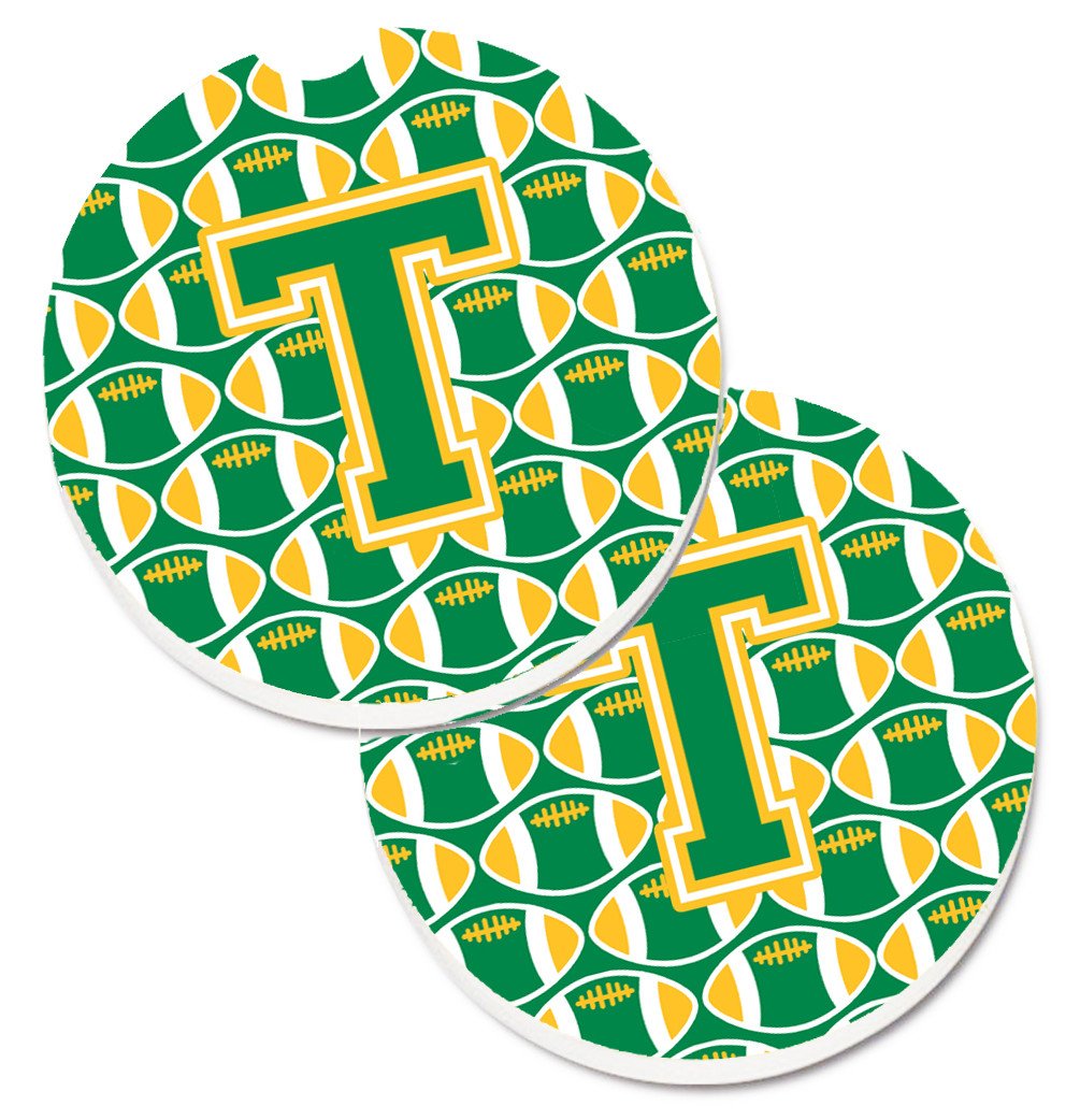 Letter T Football Green and Gold Set of 2 Cup Holder Car Coasters CJ1069-TCARC by Caroline's Treasures