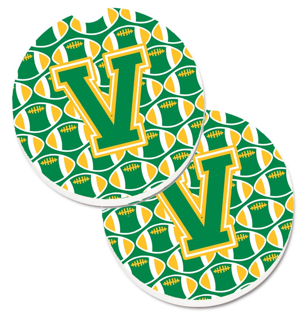 Letter V Football Green and Gold Set of 2 Cup Holder Car Coasters CJ1069-VCARC by Caroline's Treasures