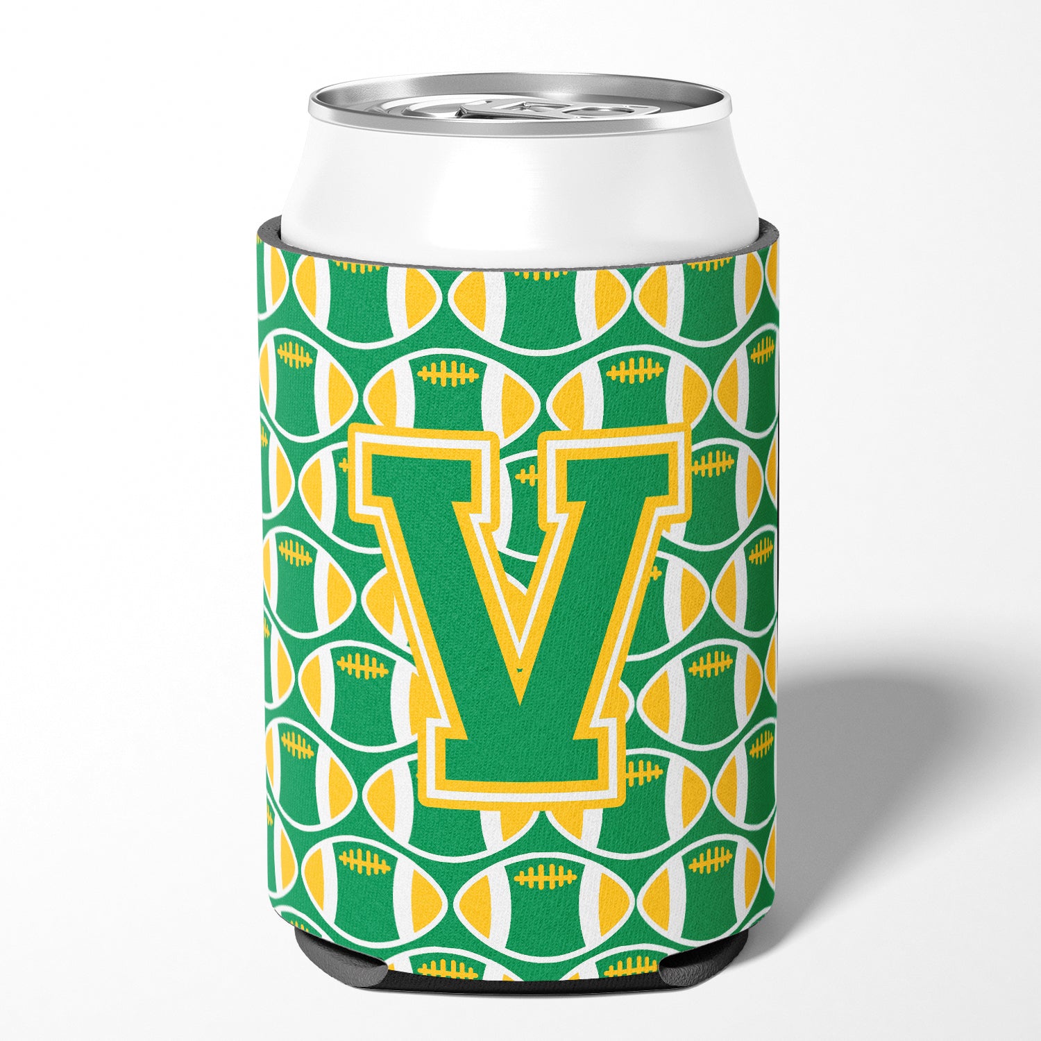Letter V Football Green and Gold Can or Bottle Hugger CJ1069-VCC.